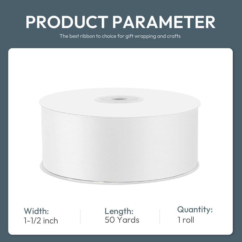 KMER LIFE 1-1/2" Wide x 50 Yards White Single Faced Polyester Satin Ribbon - Perfect for Wedding Decor, Wreaths, Crafts, Gift Wrapping & Other Projects