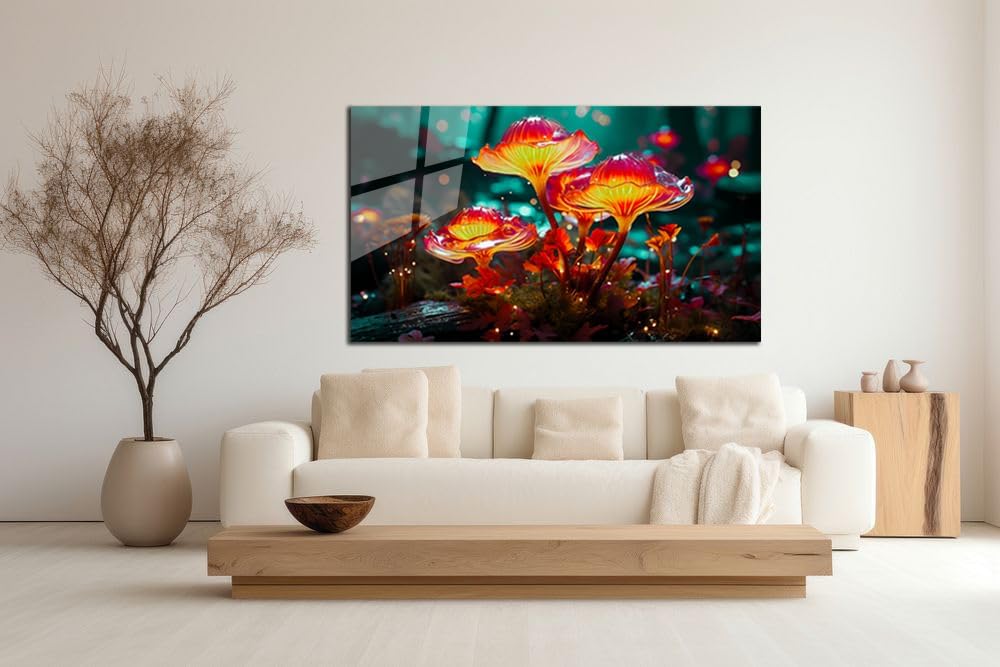 SpiritualHands Fantastic Mushrooms Glass Wall Art Oil Painting for Living Room, Tempered Glass Modern Prints Decor, Large Vivid Color Panel for Bedroom, Kitchen, or Office