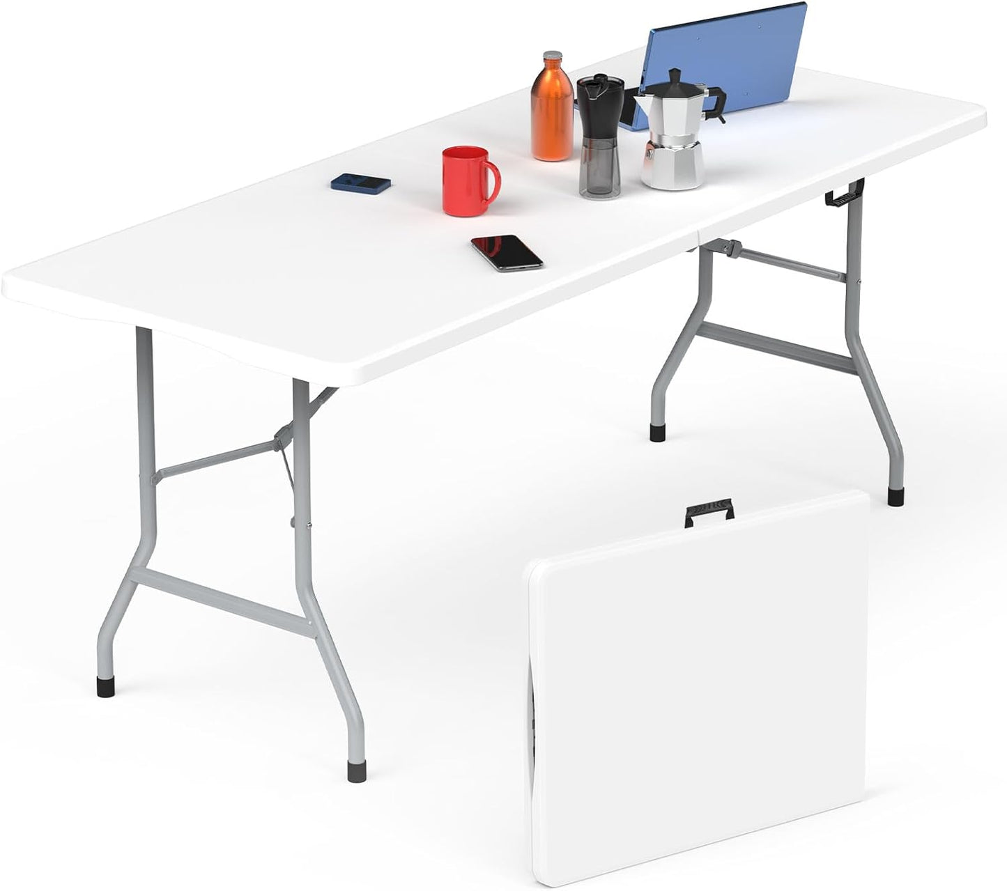 Folding Table 6ft, Foldable Portable Heavy Duty Plastic Fold-in-Half Utility Table with Handle & Safety Locks, Picnic Table Indoor Outdoor for Camping, Picnic and Party