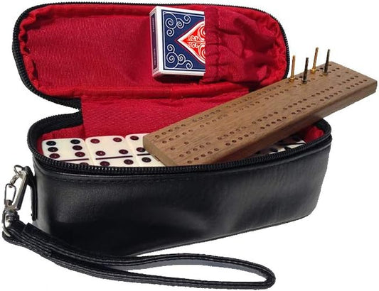 Alex Cramer The Perfect Traveler Classic Domino Set with Leather-Look Travel Case and a Deck of Miniature Playing Cards (Domino Set)