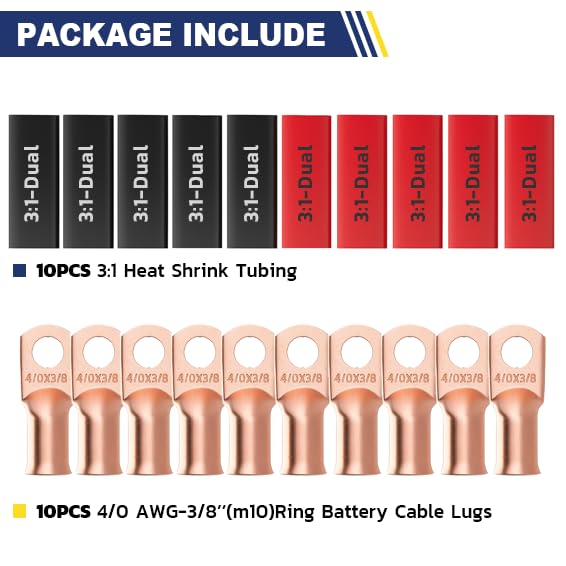 haisstronica 10pcs 4/0 AWG - 3/8"(M10) Battery Cable Lugs, Heavy Duty Copper Wire Lugs with 10pcs 3:1 Adhesive Heat Shrink Tubing, 0000 Gauge Wire Lugs, Battery Terminal Connector, Battery Cable Ends