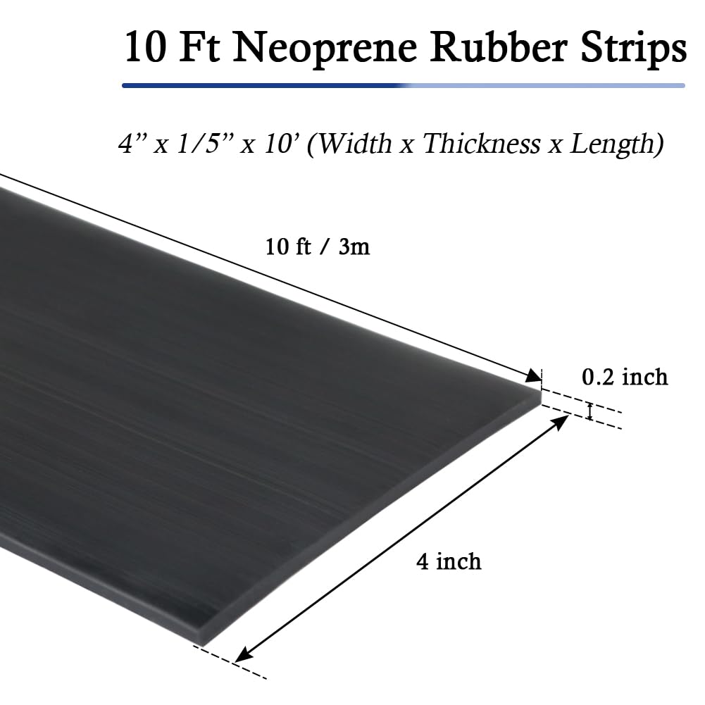 Neoprene Rubber Strips Self Adhesive Solid Rubber Sheets, Rolls & Strips for DIY Gaskets Crafts Pads Seals Warehouse Flooring Neoprene Sheet with Adhesive Backing (4" Wide x 1/5" Thick x 10' Long)