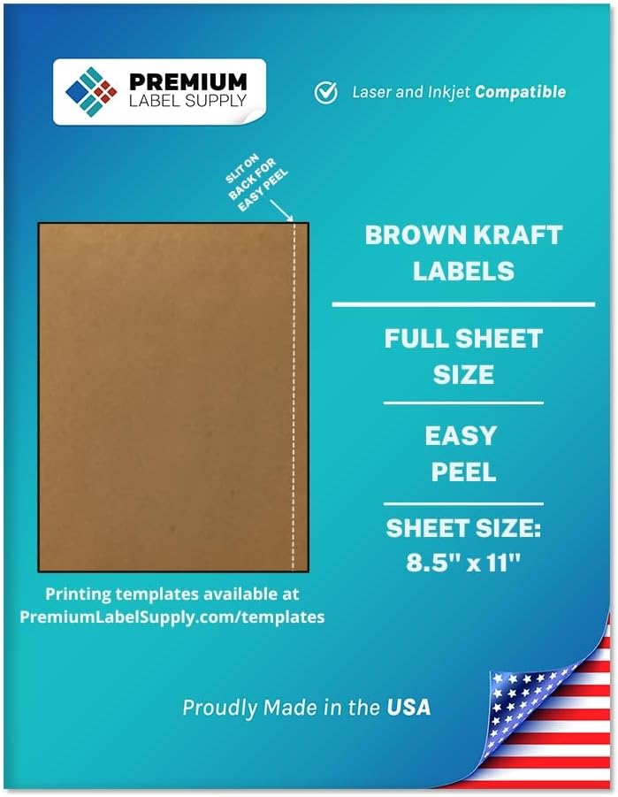 Premium Label Supply Brown Kraft Full Sheet Sticker Labels – 8.5" x 11" – Laser/Inkjet Compatible – 25 Sheets