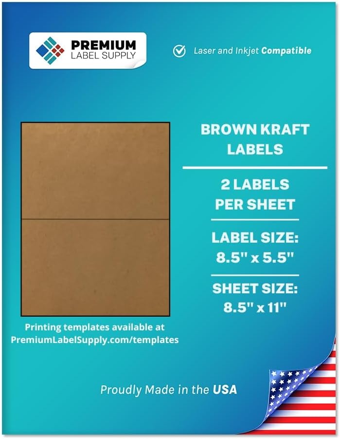 Premium Label Supply Brown Kraft Sticker Labels – 8.5" x 5.5" – Laser/Inkjet Compatible – (2 per Sheet), 500 Sheets – 1,000 Total Adhesive Labels