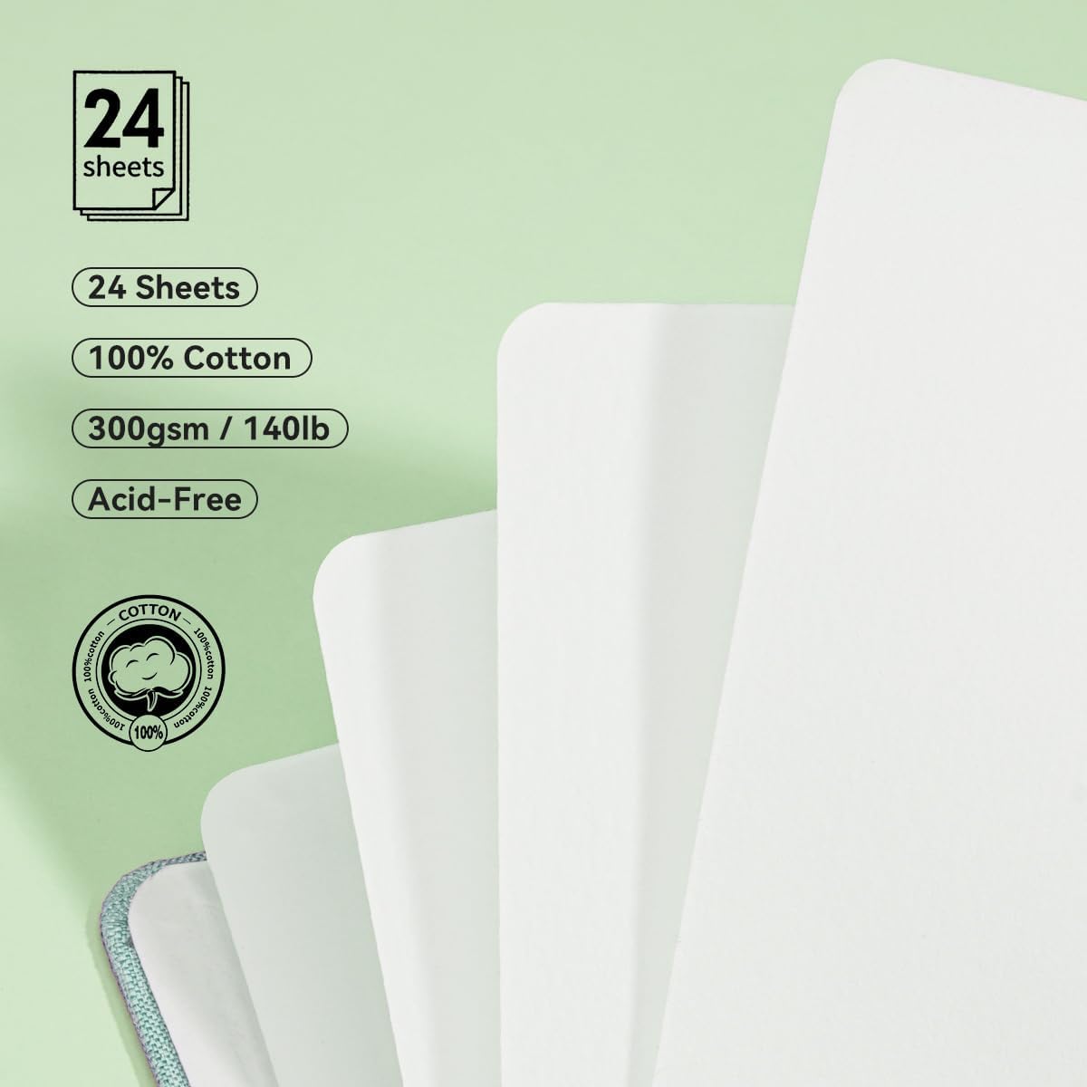 Lightwish Square Watercolor Journal,100% Cotton,300gsm/140lb,Acid-Free,24 Sheets Hot Press Watecolor Sketchbook for Artists Adults Students,4.7 * 4.7 Inches(Light Green)