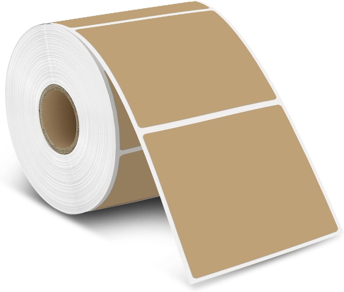 iEager Brown Square Thermal Label Stickers, 3" x 3" Self-Adhesive Square Direct Thermal Labels with Perforation Line, 500 Sheets/Roll
