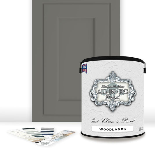 ALL-IN-ONE Paint, Durable cabinet and furniture paint. Built in primer and top coat, no sanding needed. Includes our 30 featured color card - Woodlands (muted, earthy, mossy green), Gallon