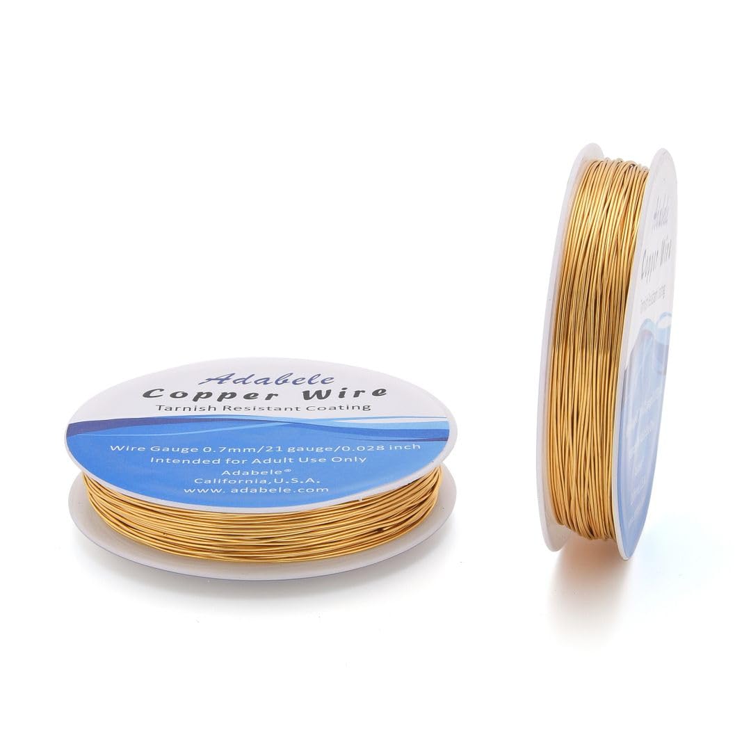 Adabele 164 Feet Premium Tarnish Resistant Round Jewelry Wire Copper Beading Wire Spool Bulk (0.7mm/21 Gauge) 18K Gold Plated for DIY Craft Jewelry Making BF286-7