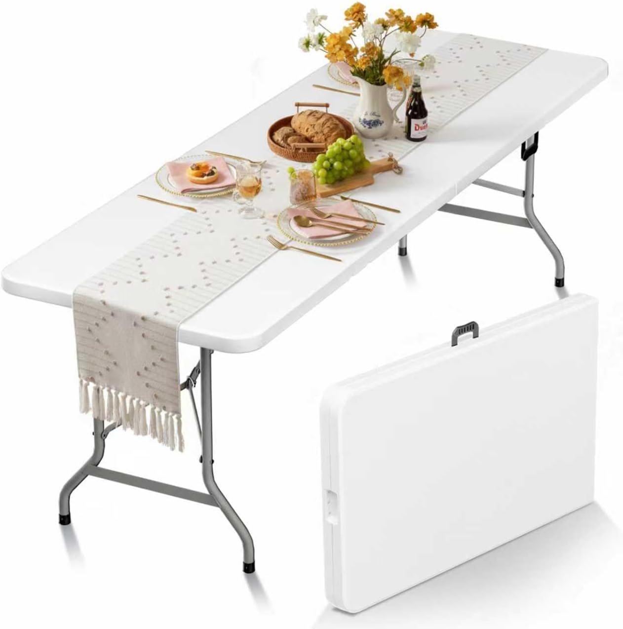 HLPB Folding Table Picnic Table, 8 ft Portable Camping Table with Handle and Safety Locks, Foldable Table Plastic Dining Table Indoor Outdoor for Camping, Picnic and Party