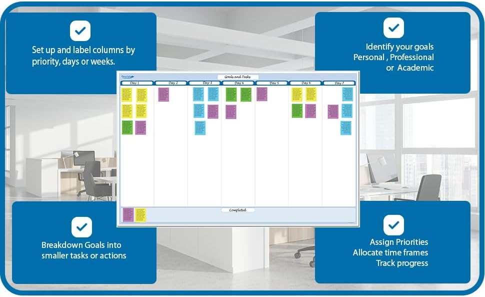Sky Blue 7-Column Task, Goals & Objective Wall Horizontal Organizer 36" x 56". Complete with Marker
