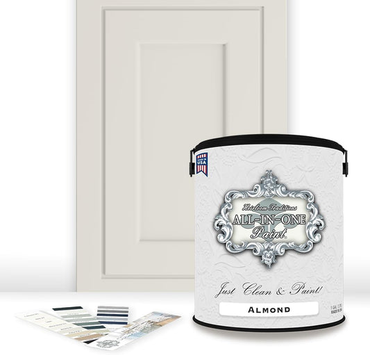 ALL-IN-ONE Paint, Durable cabinet and furniture paint. Built in primer and top coat, no sanding needed. Includes our 30 featured color card - Almond (off white with tan undertone), Gallon