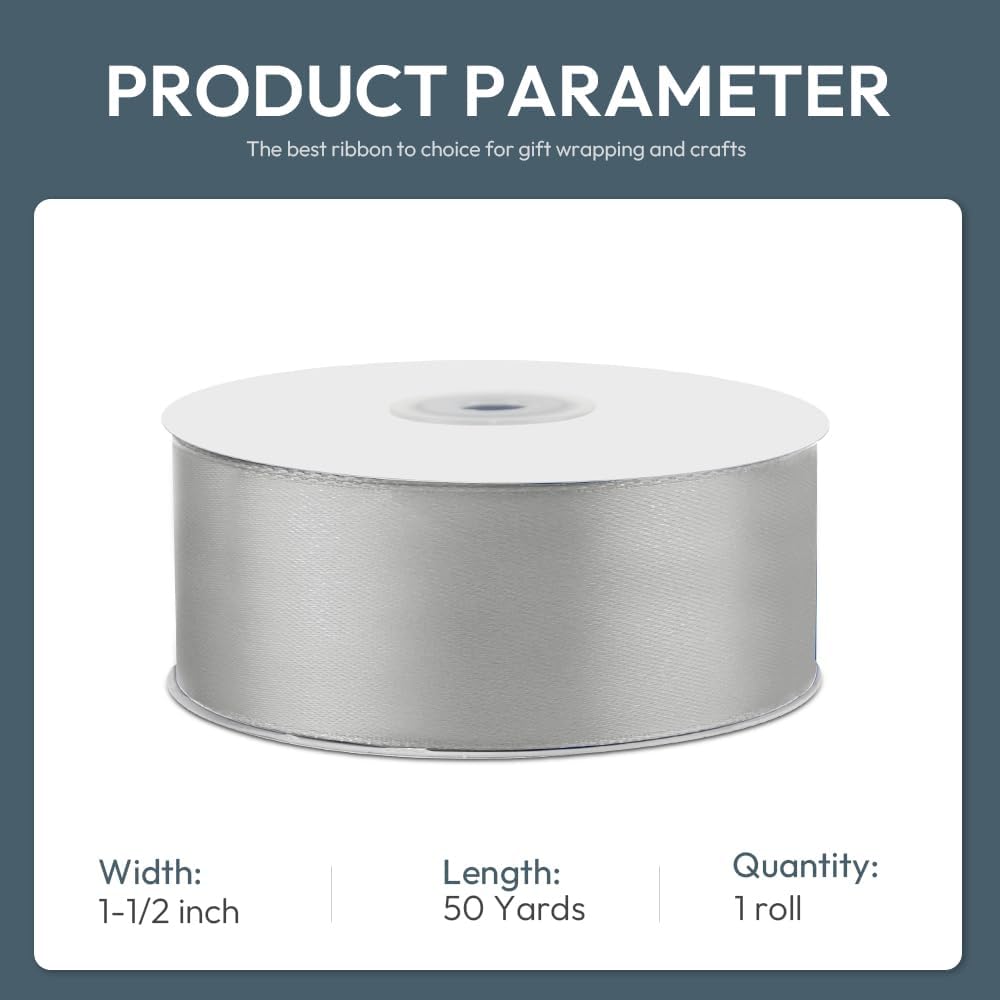 KMER LIFE 1-1/2" Wide x 50 Yards Silvery Single Faced Polyester Satin Ribbon, Silvery Satin Ribbon Perfect for Wedding Decor, Wreath, Crafts, Gift Wrapping & Other Projects (Silvery)