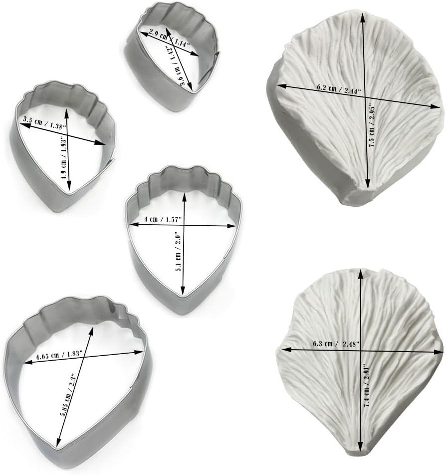 4pcs Stainless Steel Peony Cutter 2pcs Gumpaste Peony Silicone Veining Mold Gum Paste Peony Fondant Flower Molds for Sugarcraft Cake Decorating Candy Polymer Clay