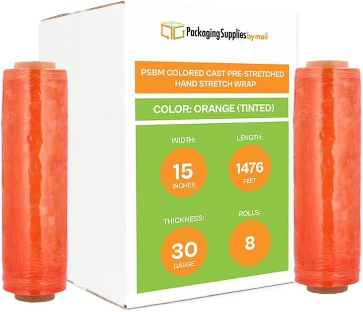 PSBM Orange Stretch Wrap, 15 Inch x 1476 Feet, 8 Pack, Tinted Pre-Stretched Shrink Wrap Film for Moving, Packaging, Pallet Wrapping