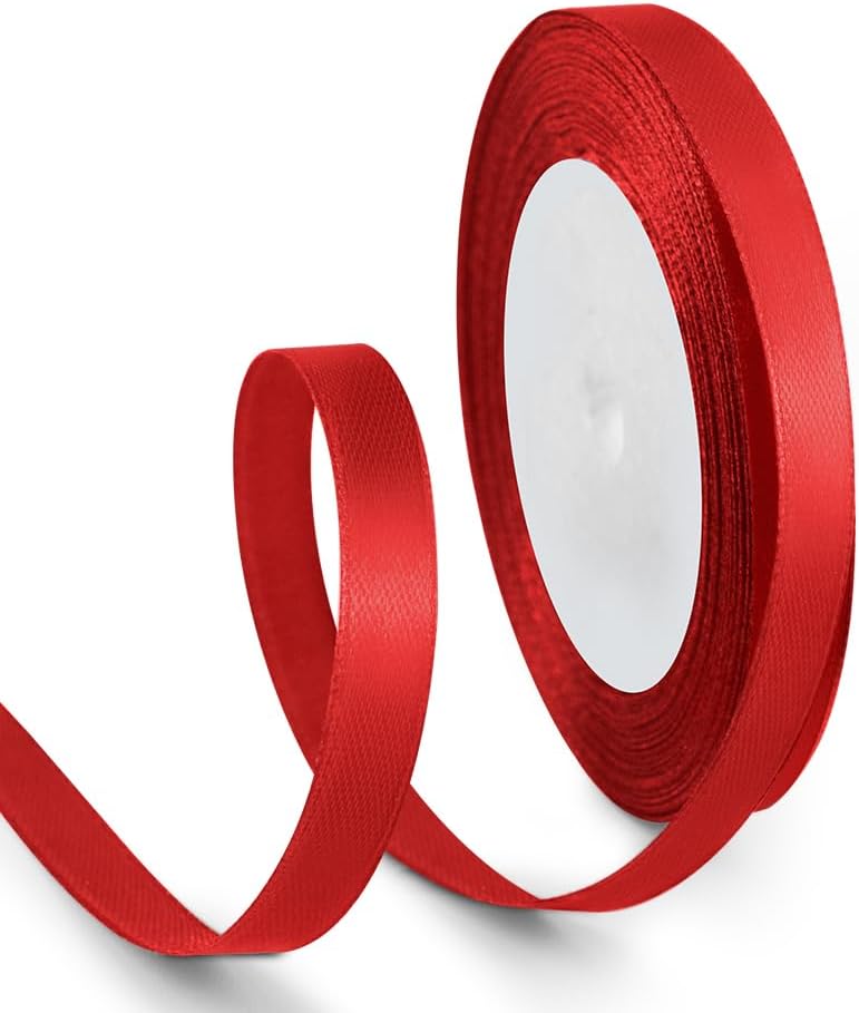 3/8 Inch 25 Yards Satin Ribbon Red, Solid Color Fabric Ribbon for Gift Wrapping, Wedding, Polyester Gift Ribbon for Birthday Party Decoration, Craft, Hair, Floral, Sewing