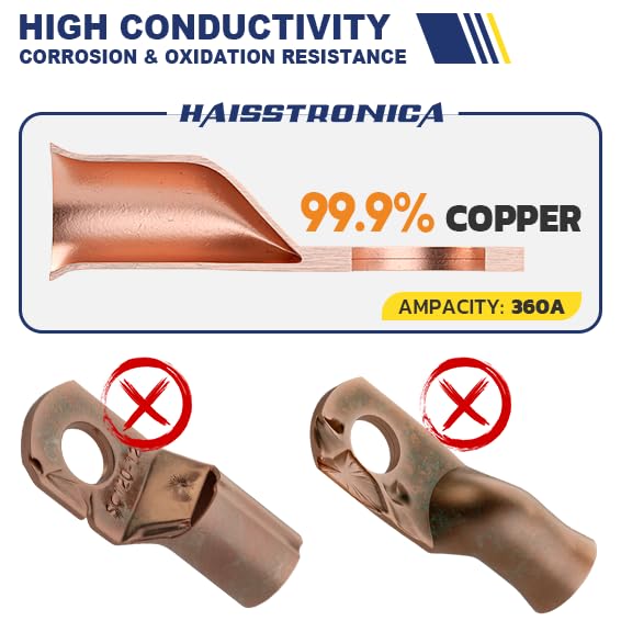 haisstronica 10pcs 4/0 AWG - 3/8"(M10) Tinned Copper Battery Lugs
