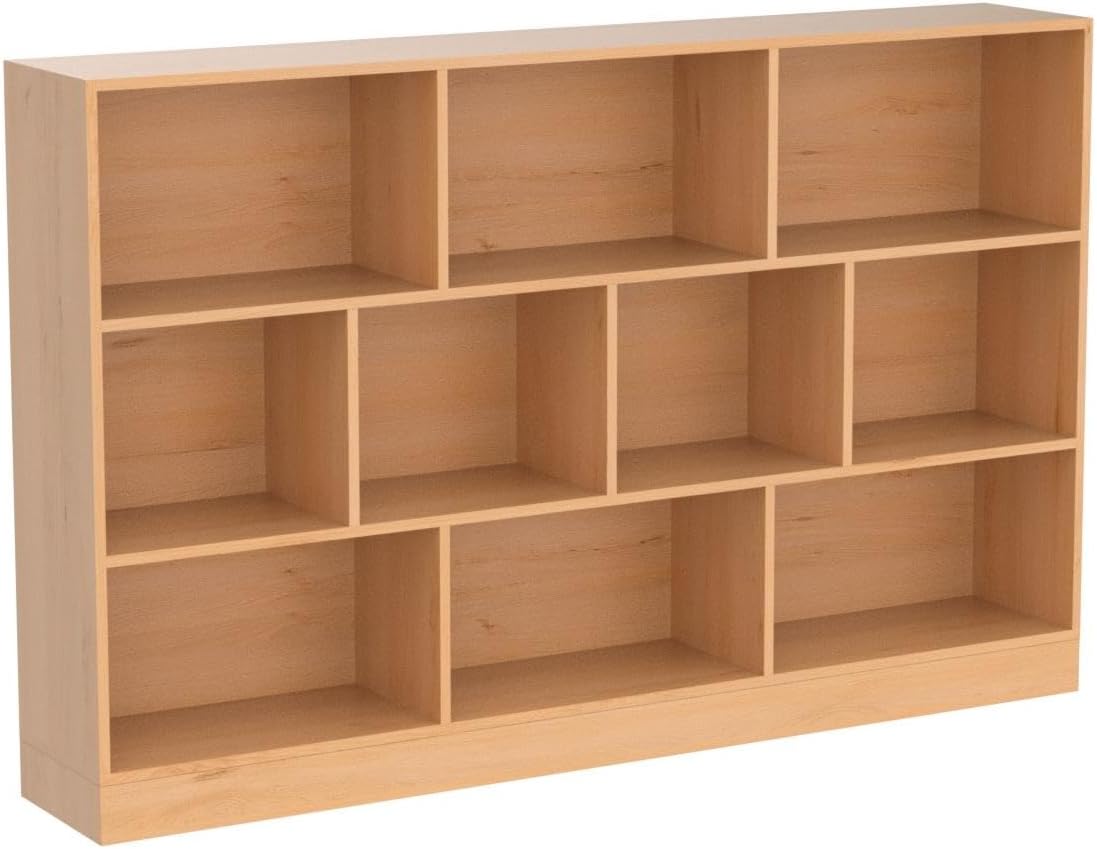IOTXY Open Shelf Low Bookcase - Wooden 3-Tier Floor Standing Display Cabinet Organizer with Base, 10 Cubes Short Horizontal Bookshelf in Pear Yellow