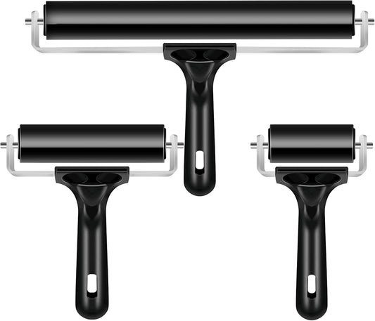 3 Pack Printmaking Brayers - Premium Brayer Rollers for Crafting, Hard Rubber Roller Brayers, Vinyl Roller Ink Paint Brush for Wallpapers Stamping Gluing Application (2.4’’, 4’’, 7.9’’) (Black)
