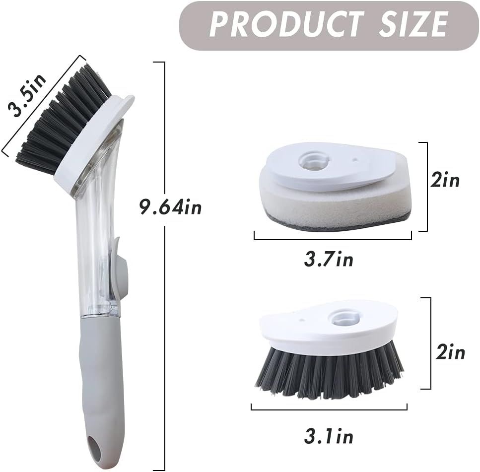 Soap Dispensing Dish Brush with 4 Replaceable Heads, Updated No Leaking Soap Dish Scrubber Soap Dispenser, Kitchen Dish Brush with Soap Dispenser for Pot Pan Sink Cleaning(Light Gray)