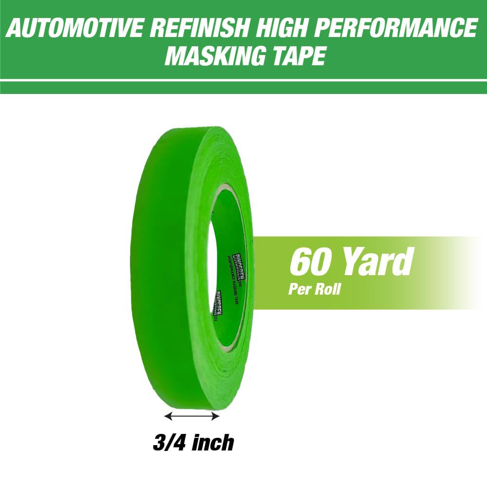 LAUCO DINOGREN High Performance Automotive Masking Tape – 0.75 Inch x 60 Yards (48 Rolls) – Green Tape for Car Paint, Body Shop Use, Heat & Water Resistant, Clean Removal, Multi-Surface Crepe Backed