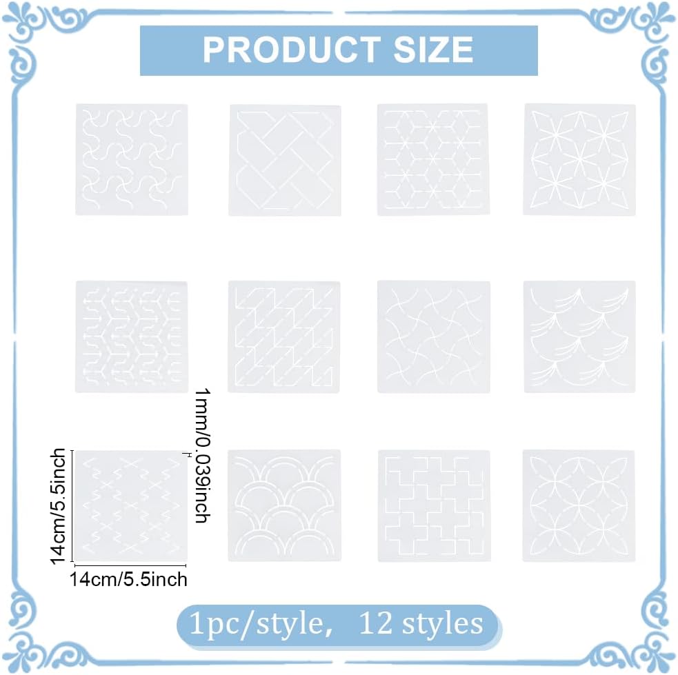 FREEBLOSS 12Pcs Sashiko Stencils Sashiko Embroidery PET Template Drawing Line Template for Hand Quilting Sashiko Patterns Templates Embroidery Stencils 5.5 * 5.5''