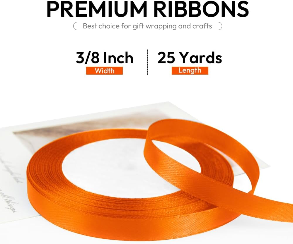 3/8 Inch Orange Ribbon, 25 Yards Orange Stain Ribbon for Gift Wrapping, Halloween, Christmas and Birthday Party Decoration, Craft, Flower Bouquet, Sewing