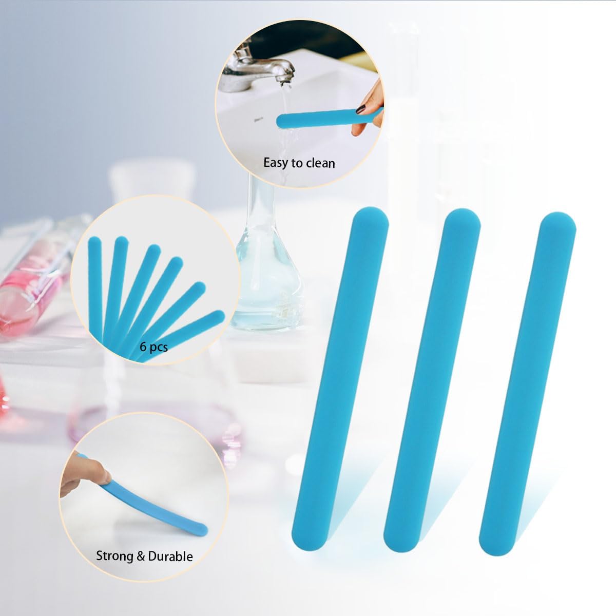6 PCS Reusable Silicone Stirring Stick, Silicones Stirrings Sticks, Blue Reusable Silicone Wax Stick Popsicle Sticks Tools, for DIY Crafts, Resin, Liquid, Paint