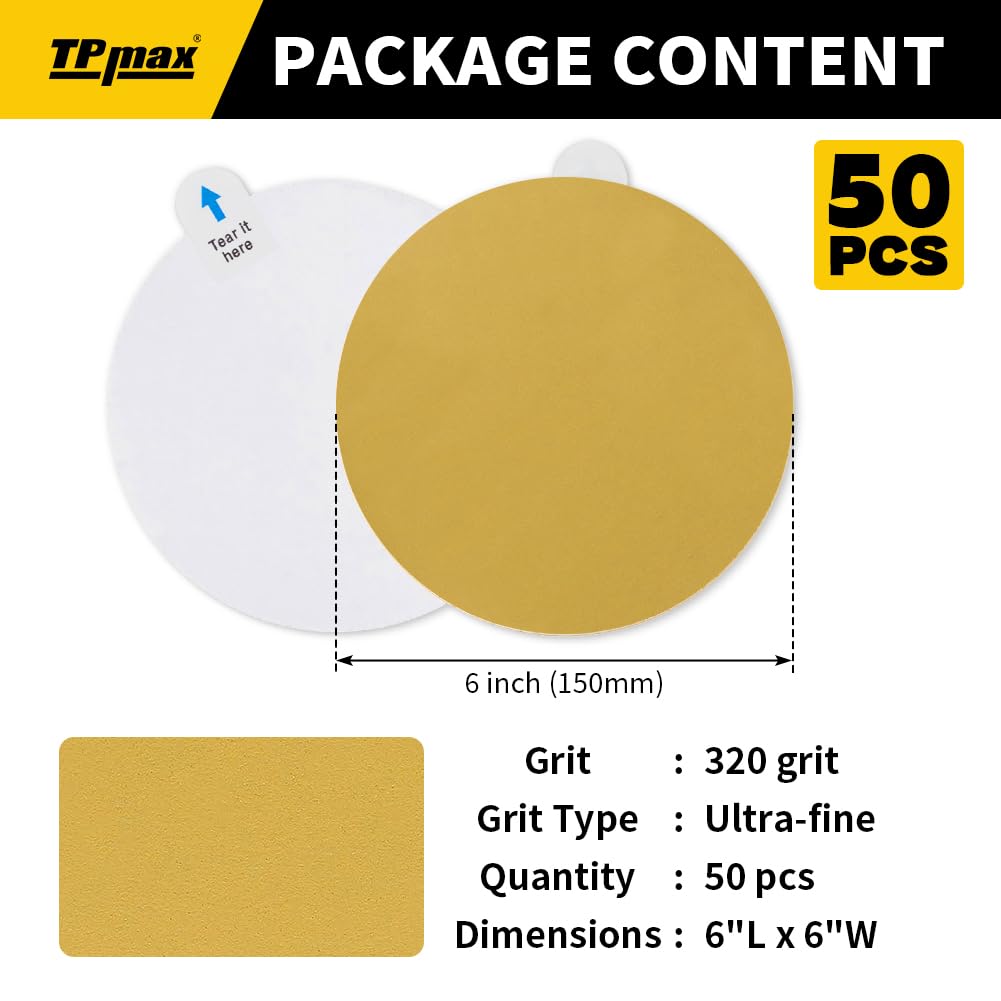 6-Inch 320-Grit Gold PSA Sanding Discs, 50 Pack – Pro-Grade Self-Adhesive Stickyback Sandpaper with Quick-Release Tabs for DA Sander, Ultra-Fine Automotive/Wood/Metal Sanding