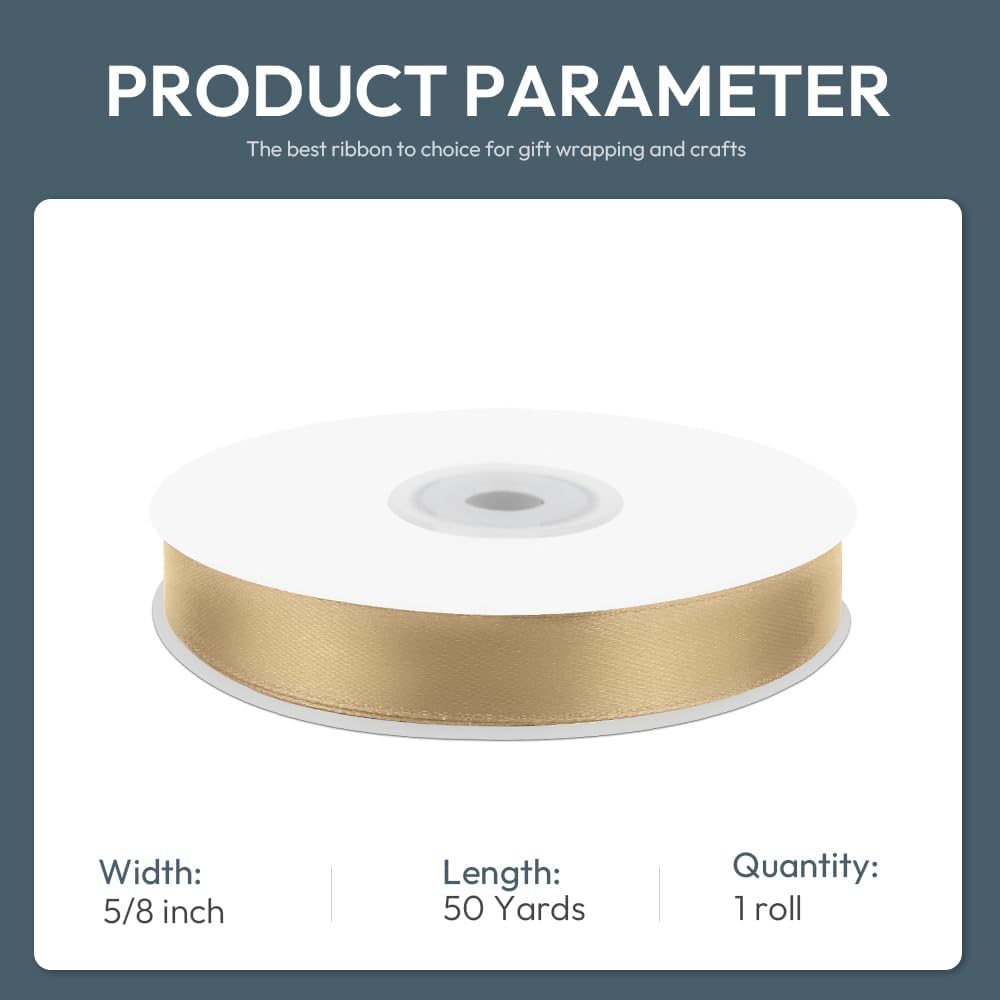 5/8" Wide x 50 Yards Polyester Satin Ribbon - Single Faced Champagne Gold, Perfect for Wedding Decor, Wreath, Crafts & Gift Wrapping