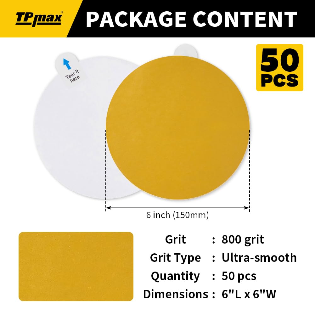 6-Inch 800-Grit Gold PSA Sanding Discs, 50 Pack – Pro-Grade Self-Adhesive Stickyback Sandpaper with Quick-Release Tabs for DA Sander, Ultra-Smooth Automotive/Wood/Metal Sanding