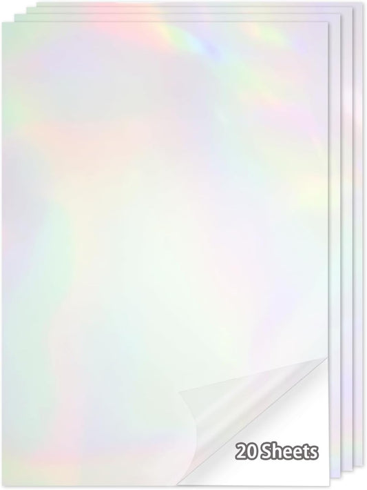 20 Sheets Holographic Sticker Paper,8.5x11 Inch Clear Printable Vinyl Sticker Papers,Self-Adhesive Waterproof for Inkjet/Laser Printer（Clear Laser）