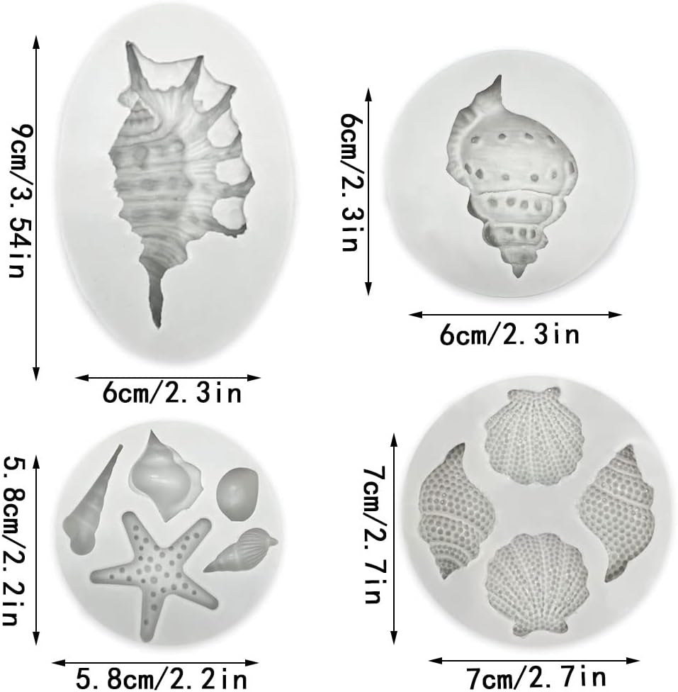 4 PCS Marine Theme Cake Fondant Silicone Mold Seashell Conch Starfish Baking Molds for DIY Cake Decoration Chocolate Candy Polymer Clay Crafting Projects