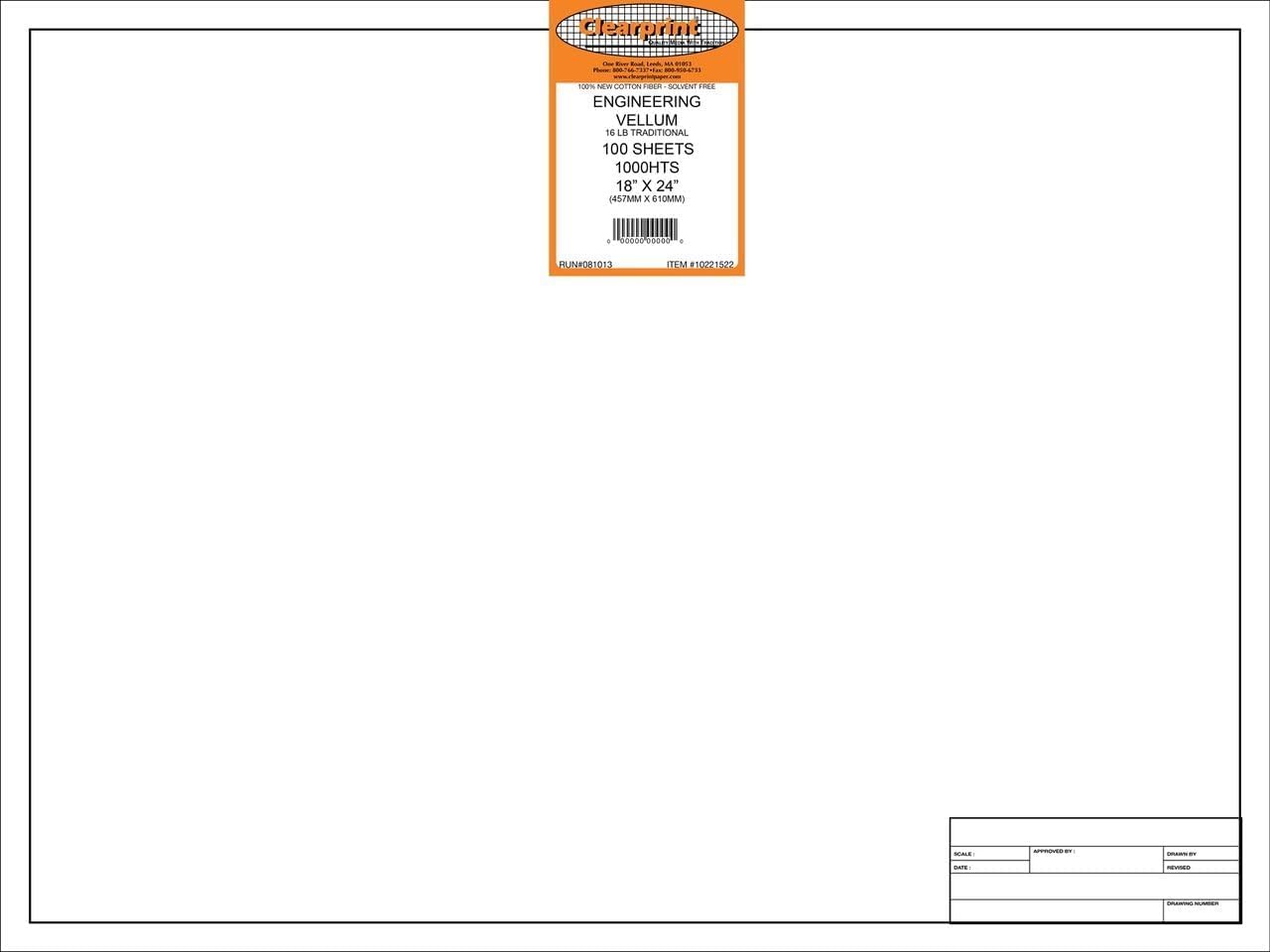Clearprint 18" x 24" 1000H Design Vellum Sheets with Engineer Title Block, 16 lb., 100% Cotton, 100 Sheets Per Pack, 1 Each