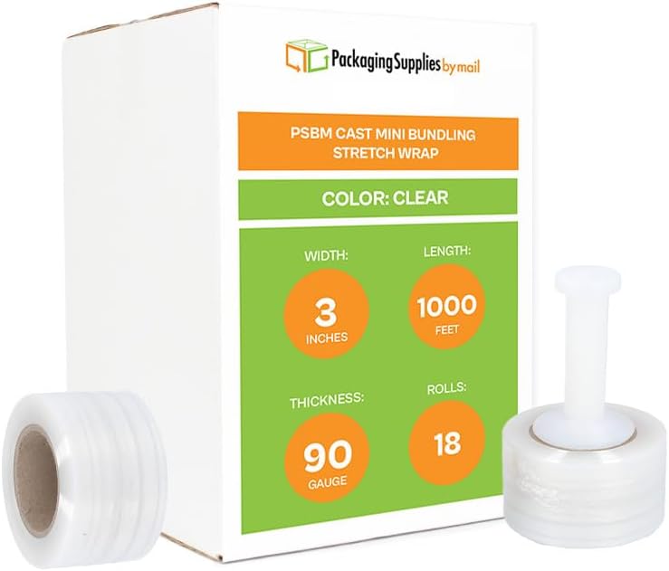 PSBM Mini Stretch Wrap with Handle, 18 Pack, 3 Inch x 1000 Feet, 90 Gauge, Clear, Small Plastic Cling Film for Pallets Moving Storing