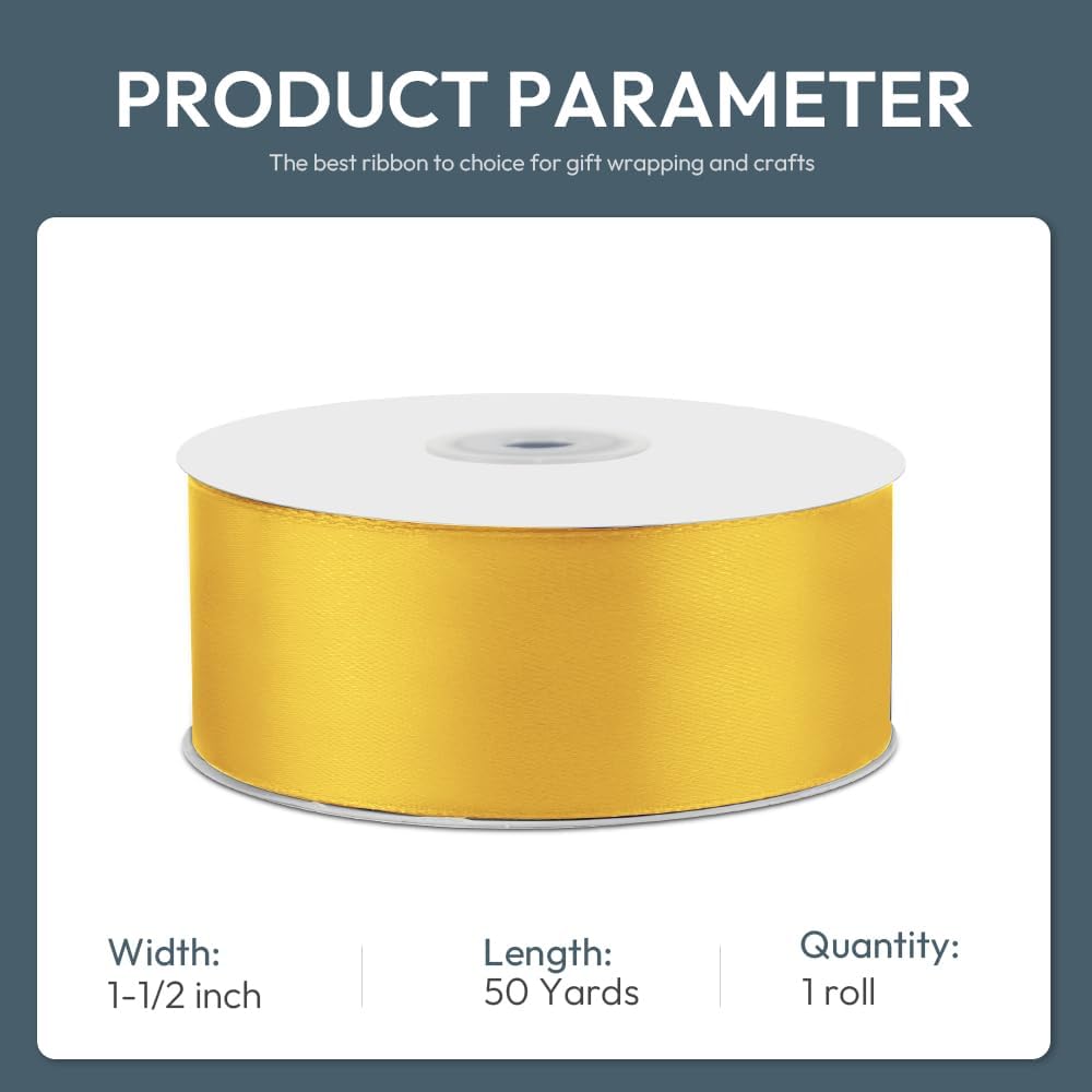 KMER LIFE 1-1/2" Wide x 50 Yards Yellow Satin Ribbon - Perfect for Wedding Decor, Wreath, Crafts, Gift Wrapping & Other Projects
