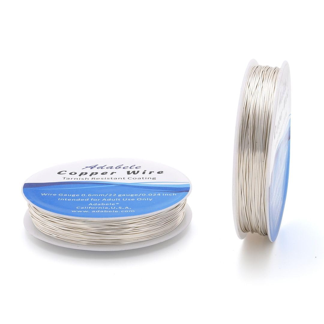 Adabele 124 Feet Premium Tarnish Resistant Round Jewelry Wire Copper Beading Wire Spool Bulk (0.6mm/22 Gauge) Sterling Silver Plated for DIY Craft Jewelry Making BF285-6