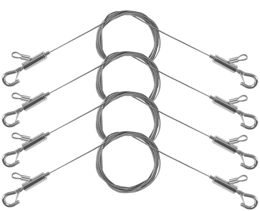 4PCS Adjustable Picture Hanging Wire 1.5m x 1.5mm Large Hooks, Picture Frame Wire Kit Heavy Duty 100lbs, Stainless Steel for Art, Mirror, Light Lamp, Billboards, Basket Flowerpot