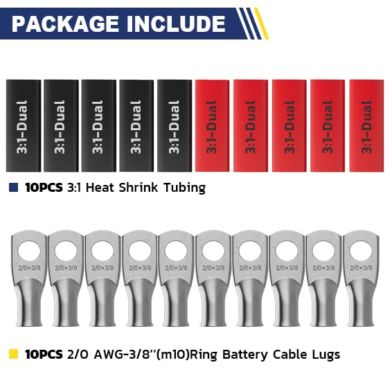 haisstronica 10pcs 2/0 AWG - 3/8"(M10) Tinned Copper Battery Lugs