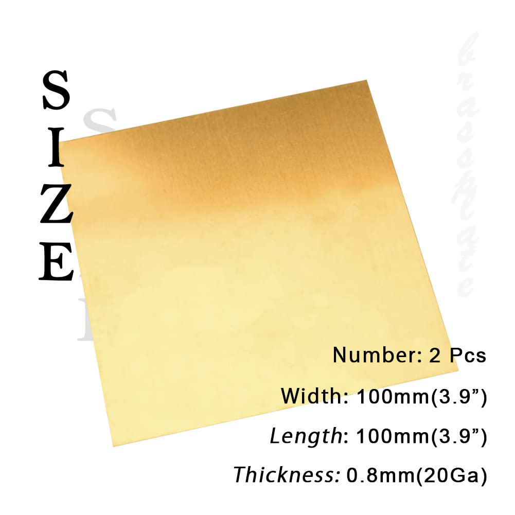 20 Gauge Brass Sheet，H62 Brass Plates Metal 0.031" Thickness x 3.9" Width x 3.9" Lenght, for Models, Crafts, Repairs, Electrical, 2Pcs