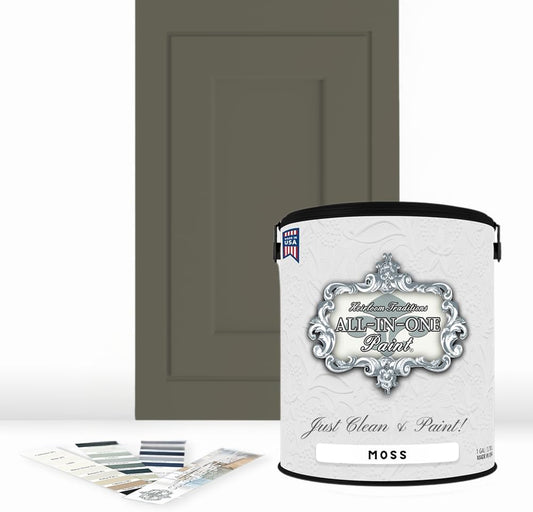ALL-IN-ONE Paint, Durable cabinet and furniture paint. Built in primer and top coat, no sanding needed. Includes our 30 featured color card - Moss, Gallon