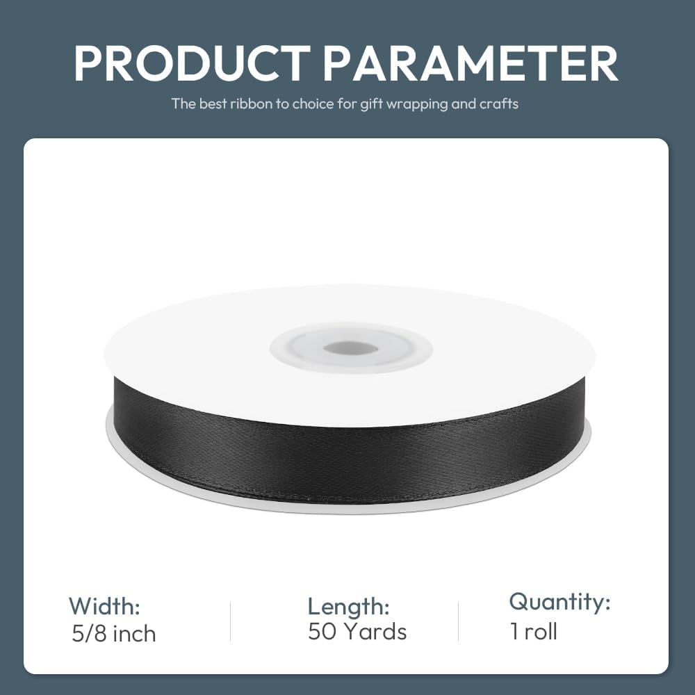KMER LIFE 5/8" Wide x 50 Yards Black Single Faced Polyester Satin Ribbon, Black Satin Ribbon Perfect for Wedding Decor, Wreath, Crafts, Gift Wrapping & Other Projects (Black)