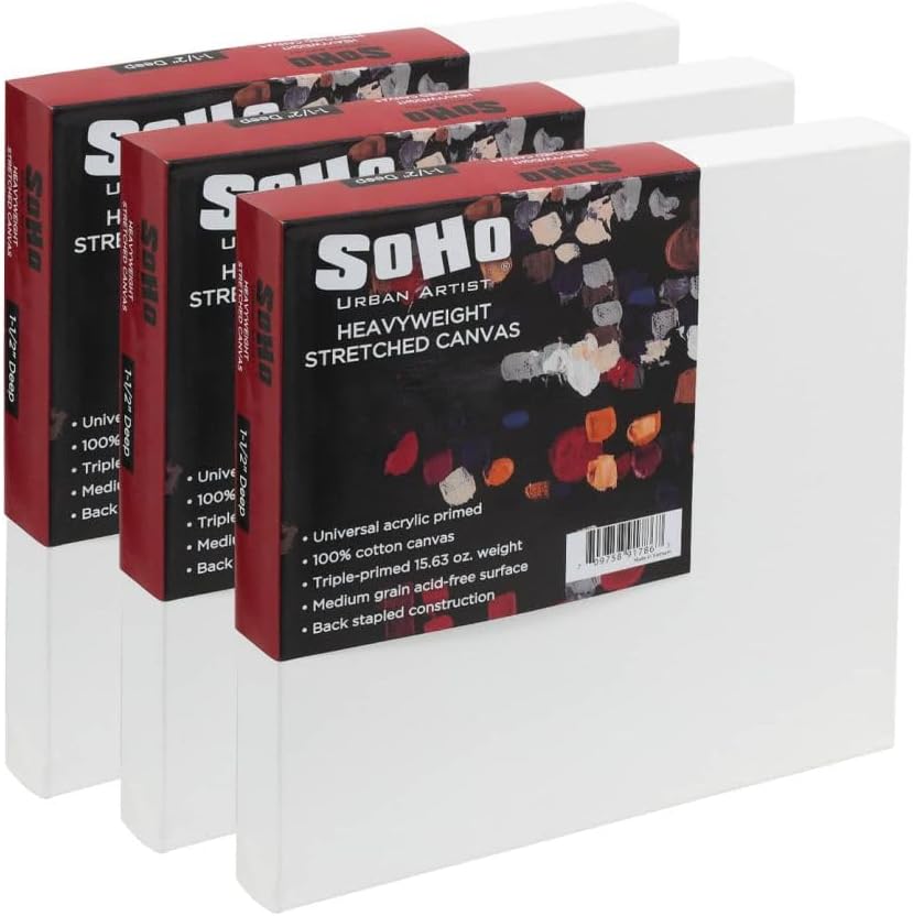 SoHo Urban Artist, 8x8 Heavyweight Stretched Cotton Canvas for Painting - 1.5" Deep- 3 Pack, Triple Primed, 100% Cotton Canvas, Archival, Universal Primed for Oil, Acrylic, Alkyd, Mixed Media