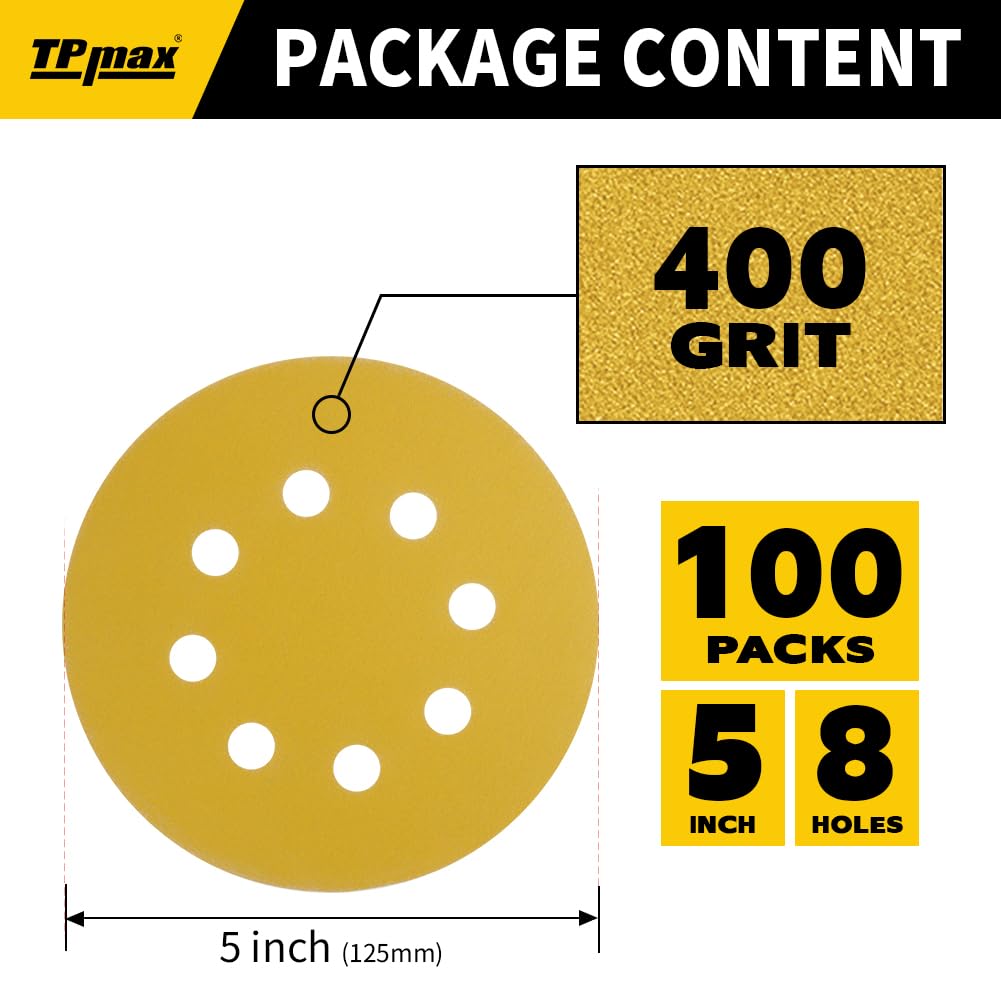 100PCS 5 Inch 400 Grit 125mm 8 Hole Sanding Discs Sandpaper - Premium Gold Round Hook and Loop for Random Orbital Sander - Ideal for Wood, Metal, Automotive