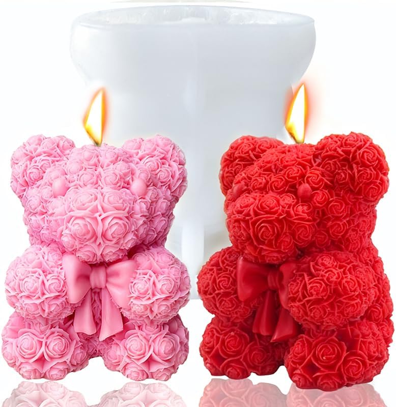 Bowtie Rose Bear Candle Mold 3D Teddy Bear Silicone Mold for DIY Handmade Soaps, Epoxy Resin Crafts, Father's Day Gifts, Birthday Gifts, Valentine's Day Gifts & Home Decorations Reusable Molds