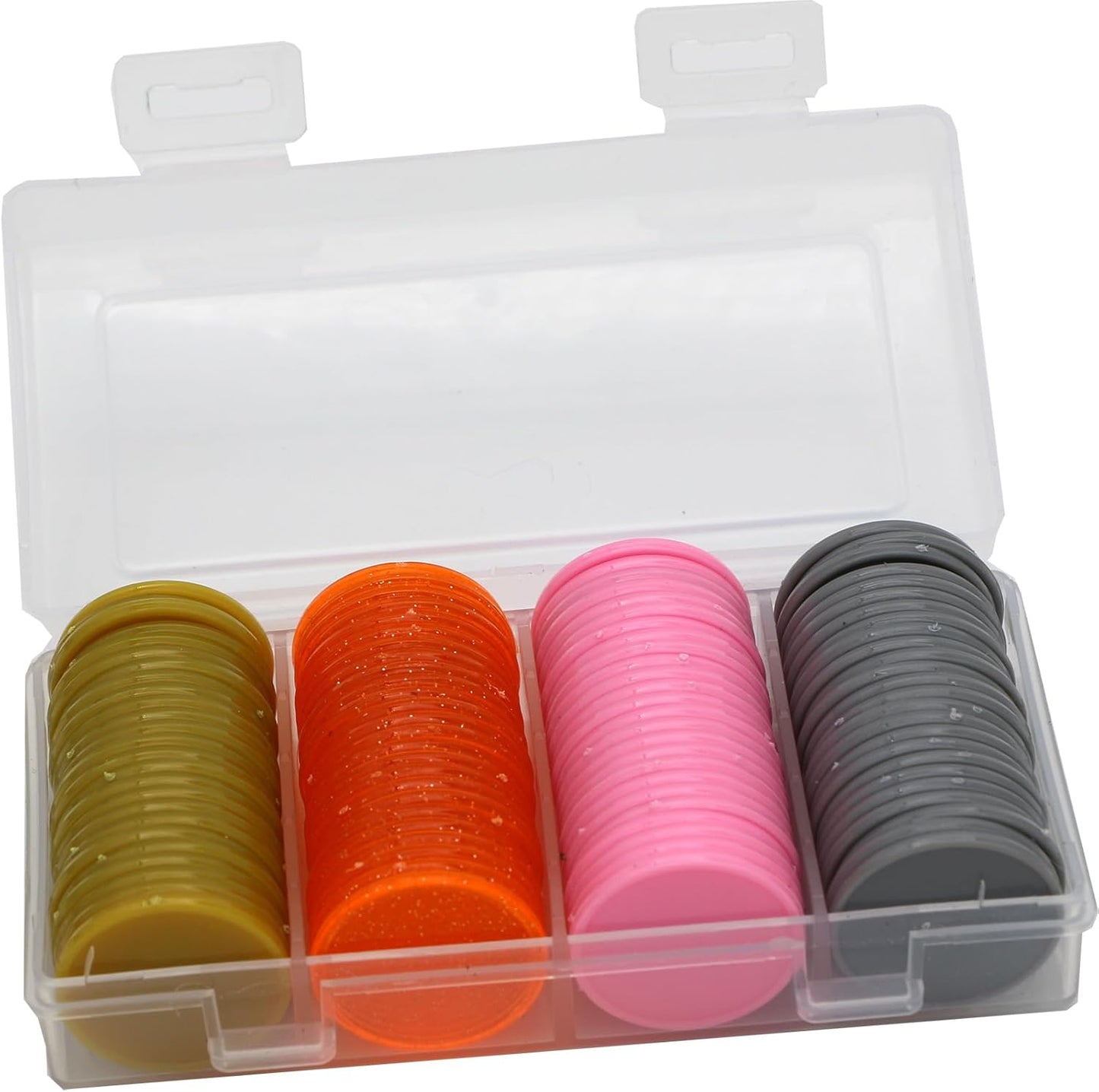 Set of 100 Opaque Plastic Learning Counters Mini Poker Chips Game Tokens with Storage Box (Goldenrod+Pink+Gray+Starry Orange, 1 Inch)