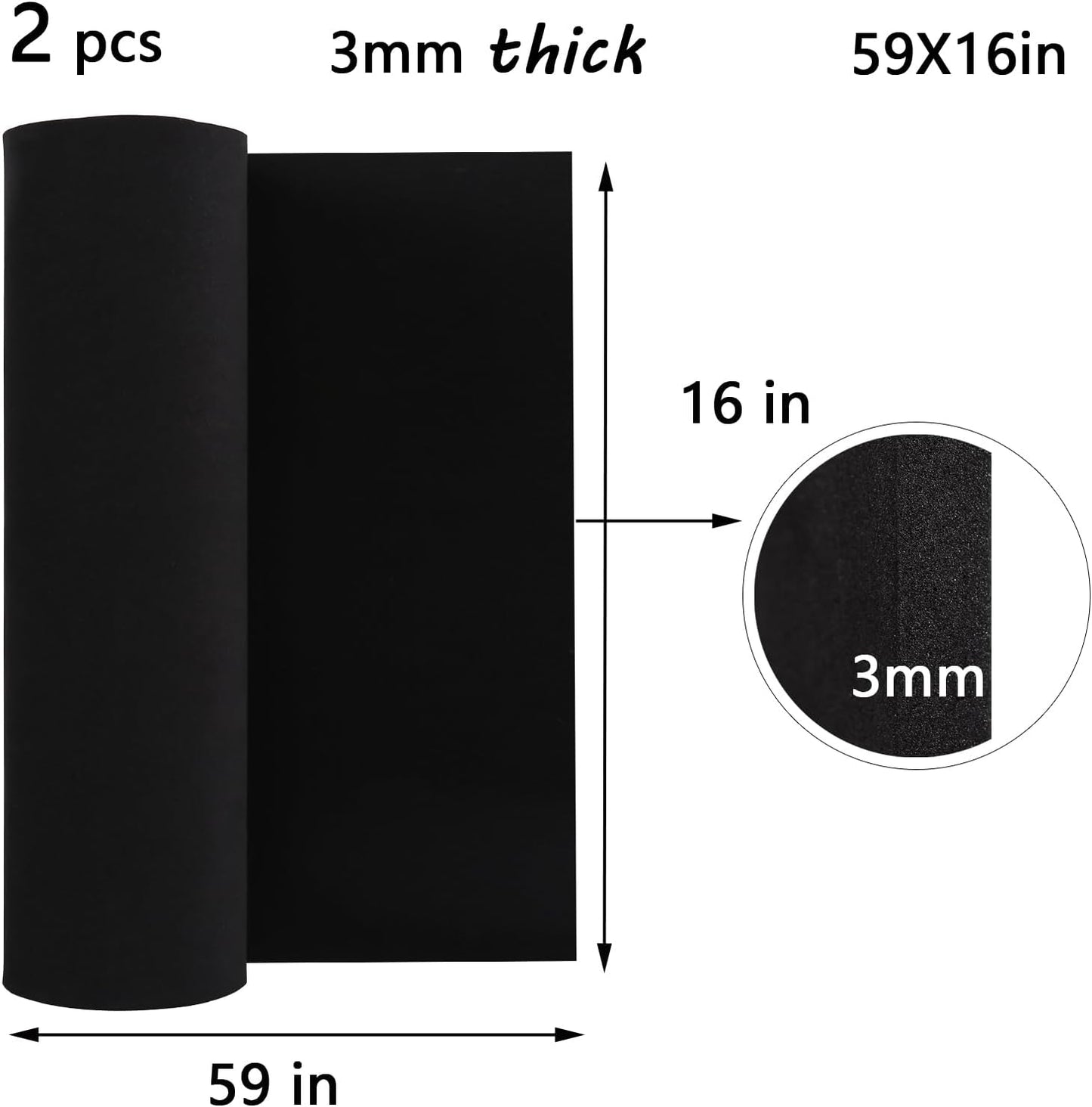AMZQNART 2Pcs EVA Foam 3mm, Cosplay Foam 16x59 inch Black, High Density 90 kg/m³, for Craft Projects Cosplay Costumes, Fake Weapons, Decorations, Christmas, Easter, Thanksgiving, etc.