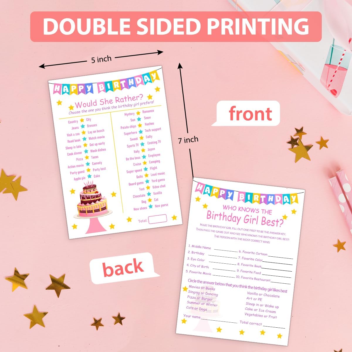 Birthday Party Games Set for Girls- 20 Birthday Double Sided Games Cards Set- Girls Birthday Party Activity Notebook Themed Party Activity and Idea - Girl Birthday Supplies, Activity, Decorations
