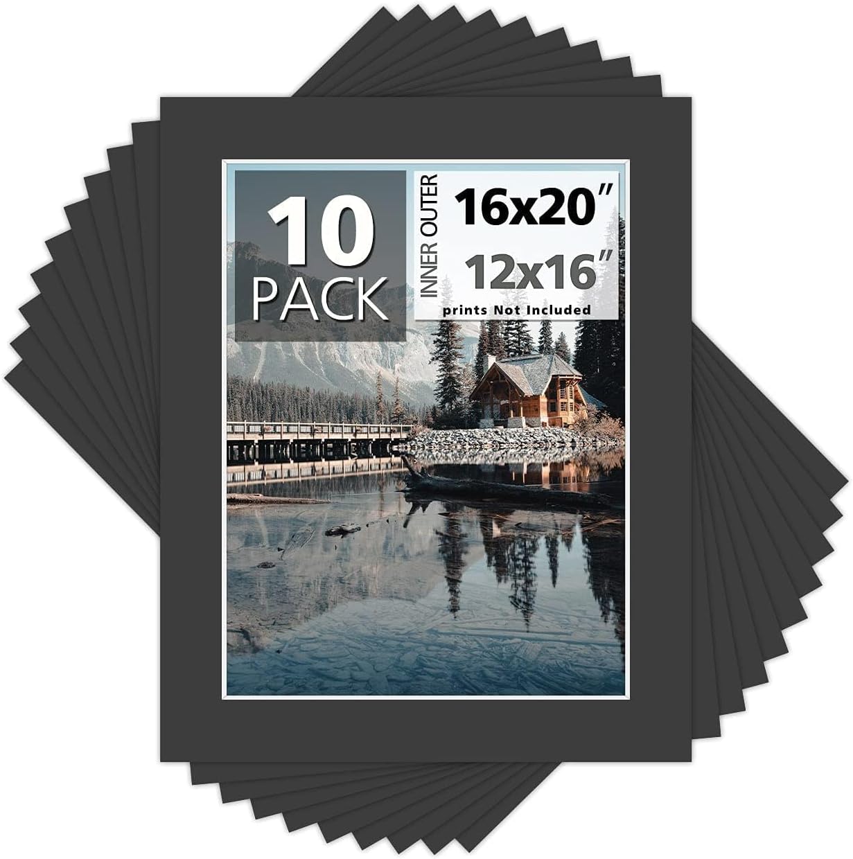 MBC Mat Board Center, Pack of 10, 16x20 for 12x16 Black Photo Picture Mats - Acid Free, 4-ply Thickness, White Core - for Pictures, Photos, Framing