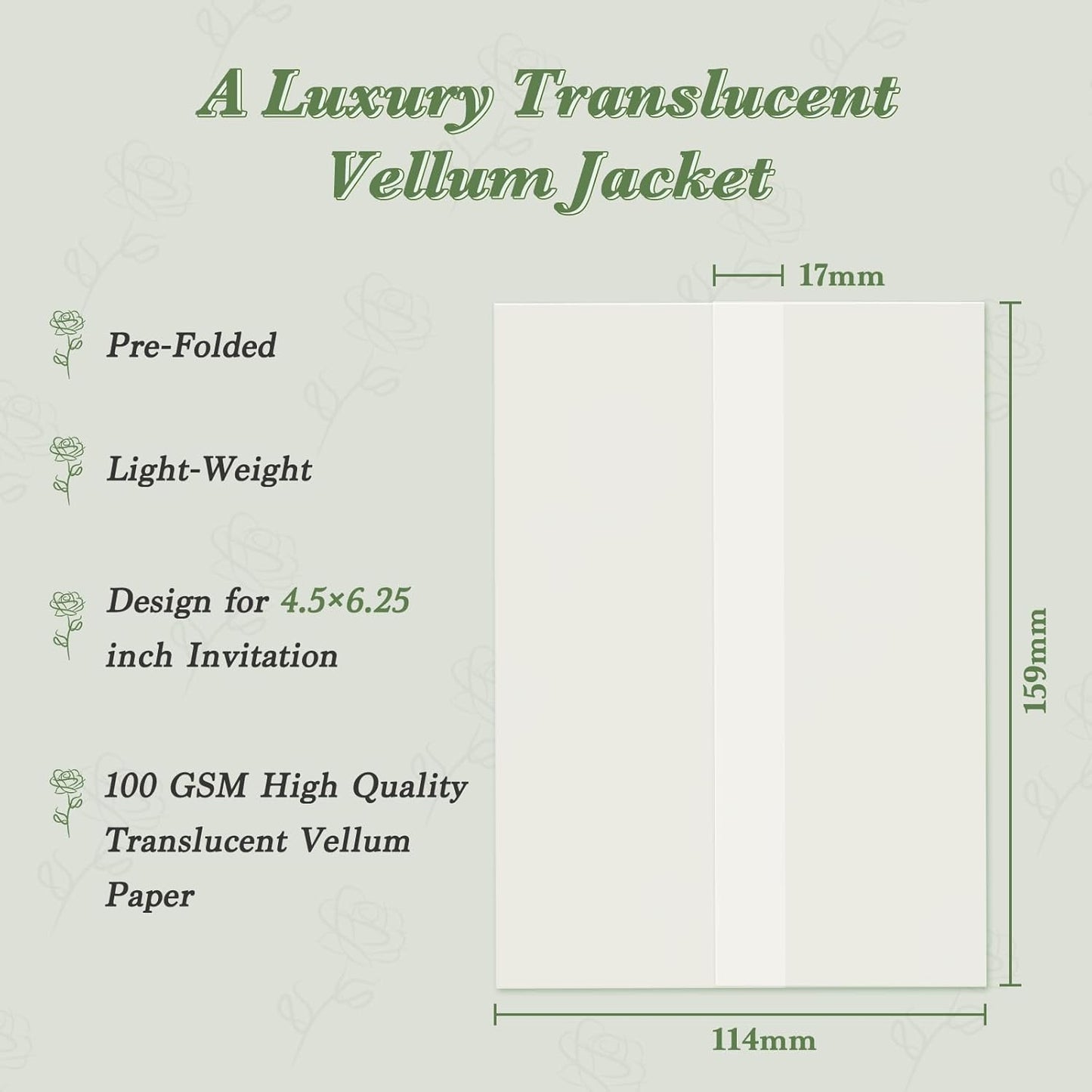 120 Pack Pre-Folded Vellum Jackets for 4.5x6.25 Invitations, Translucent Vellum Paper 4.5x6.25 Jackets, 100GSM Wedding Invitations Wraps, Envelope Liners for Birthdays, Baby Showers