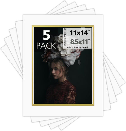 Mat Board Center, Double Mat - Acid Free, 8-ply Thickness, White Core - for Pictures, Photos, Framing (Off White Over Gold, 11x14 for 8.5x11, Pack of 5)